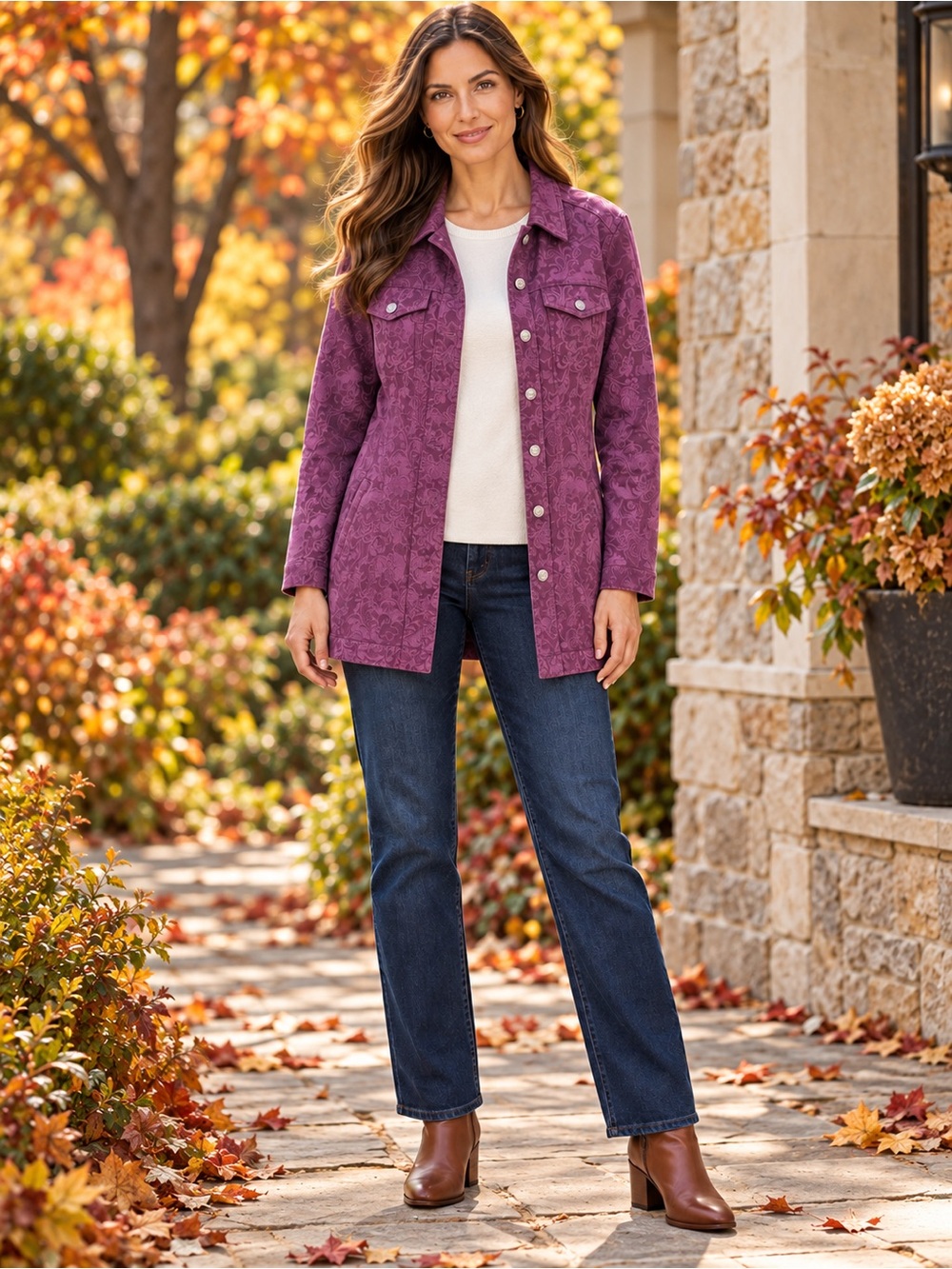 Floral Jacquard Longline Jacket Plum Purple Button Front Chico’s Size 12-14